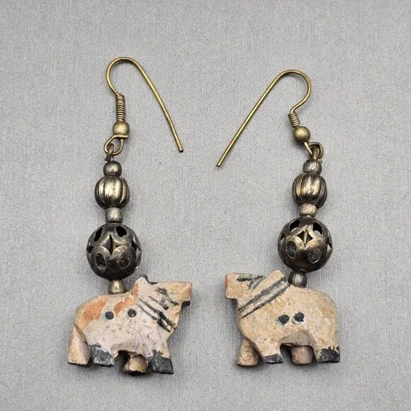 VTG Elephant Dangle Earrings 2.25" Carved Wood & Antique-Style Silver Beads - Picture 2 of 11